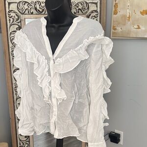 Zara White Ruffle Button-Down Blouse